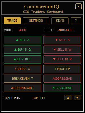 CommerciumIQ Traders Keyboard trade tab showing manual MT5 Desktop hotkey controls